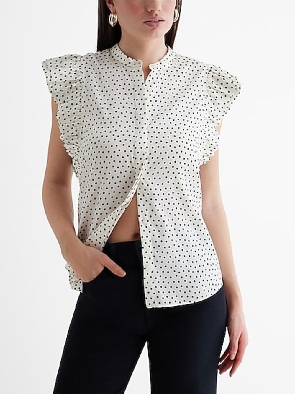 Express Polka Dot Flutter Sleeve Button Up Gramercy Shirt Black/White M